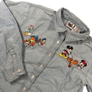 VTG Disney Catalog Kids Denim Shirt Mickey Minnie Goofy Donald Embroidered Sz L‎